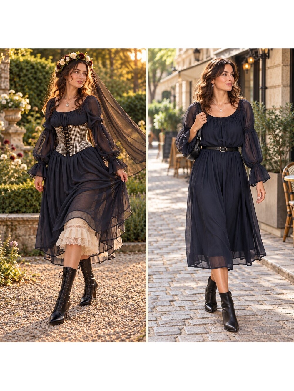 French Meadows Navy Chiffon Chemise Dress M Puff Sleeve Gothic Renaissance Fairy